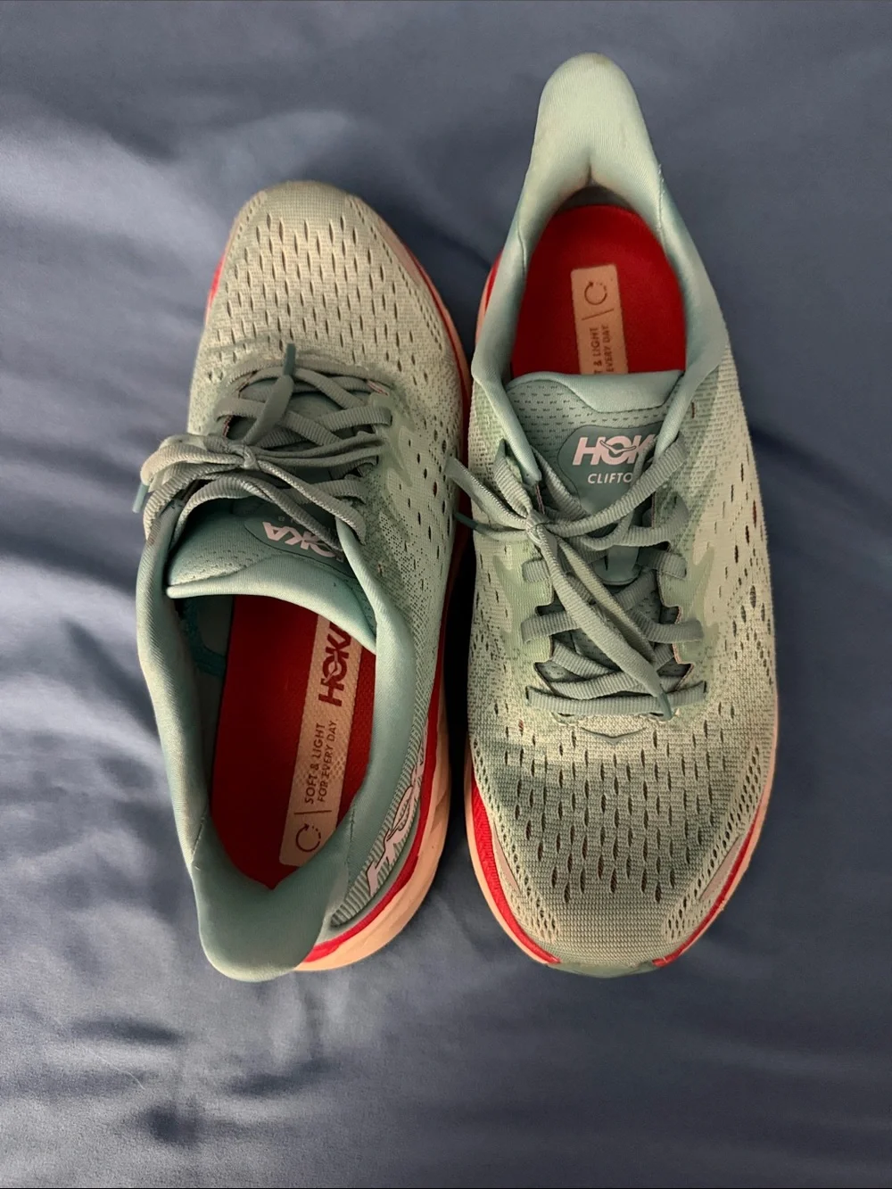 Hoka Women's Running Shoes in Light Teal with Coral Accents, 8.5B Clifton